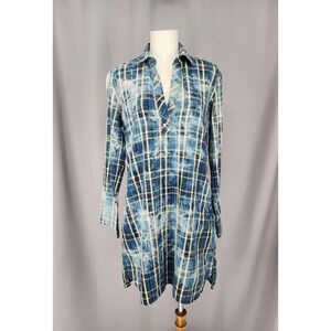 Cloth & Stone Shirt Dress Womens Small Blue Plaid Tunic Tie Dye 100% Cotton USA
